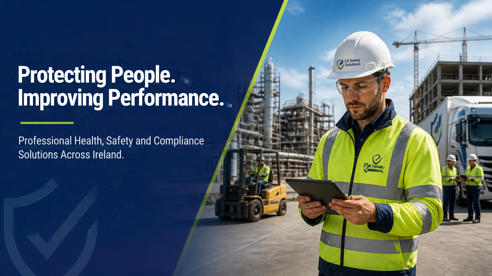 Health and safety professional reviewing a site tablet on an Irish industrial project